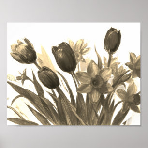 Bouquet Of Blooming Black + Ivory Flowers on Wall Poster