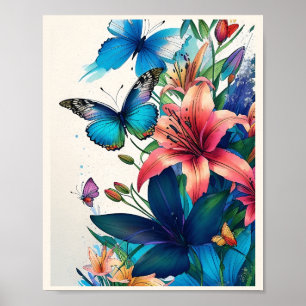 Bouquet of Colourful Flowers and Butterflies Poster