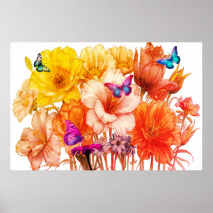 Bouquet Of Flowers and Butterflies on Pretty Wall Poster