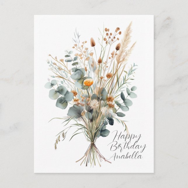 Bouquet of Flowers Calligraphy Happy Birthday Postcard (Front)