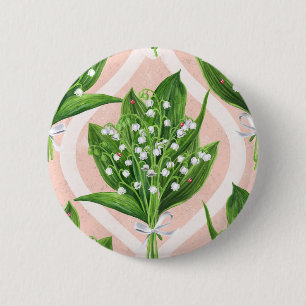 Bouquet of lilly of the valley flowers on green 6 cm round badge