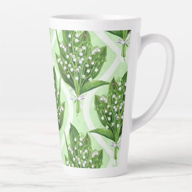 Bouquet of lilly of the valley flowers on green latte mug (Right)