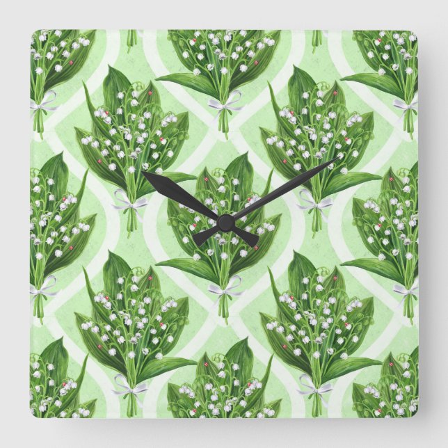 Bouquet of lilly of the valley flowers on green square wall clock (Front)