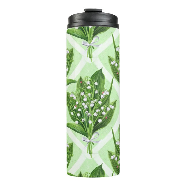 Bouquet of lilly of the valley flowers on green thermal tumbler (Front)