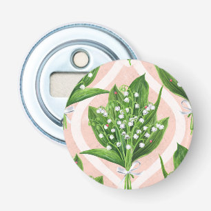Bouquet of lilly of the valley flowers on pink bottle opener