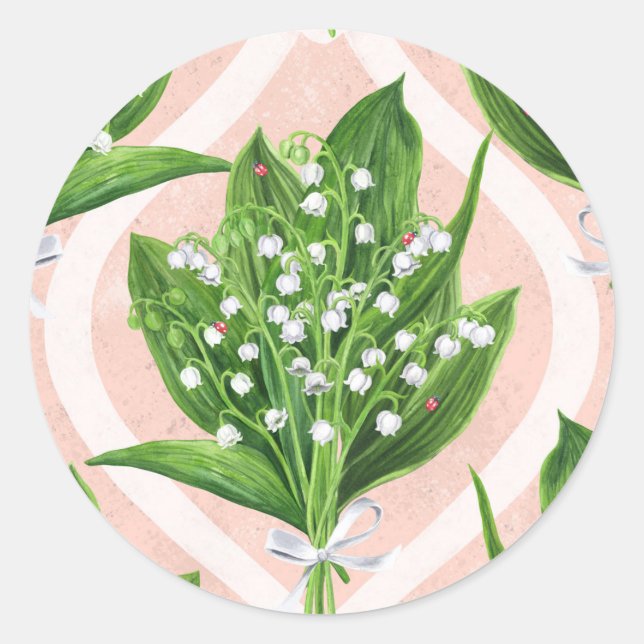Bouquet of lilly of the valley flowers on pink classic round sticker (Front)