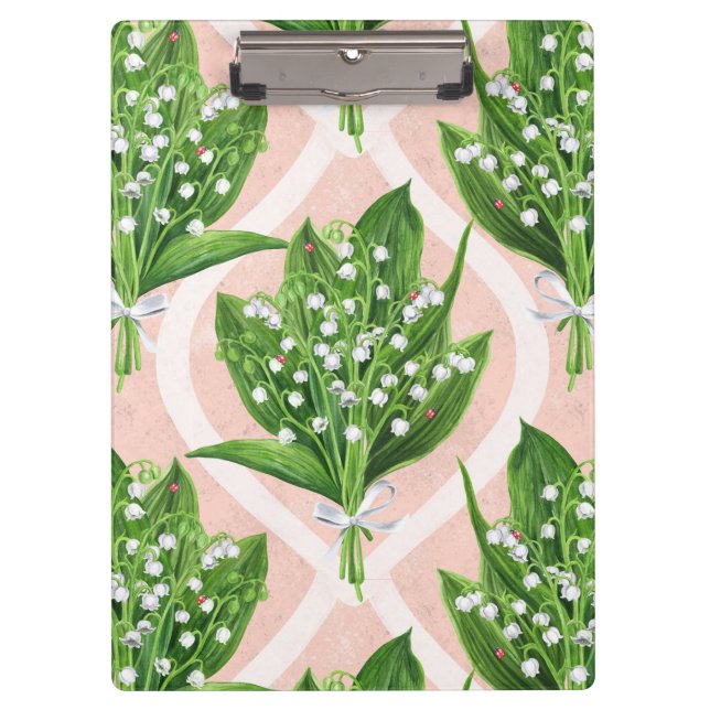 Bouquet of lilly of the valley flowers on pink clipboard (Front)