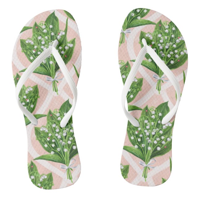 Bouquet of lilly of the valley flowers on pink flip flops (Footbed)