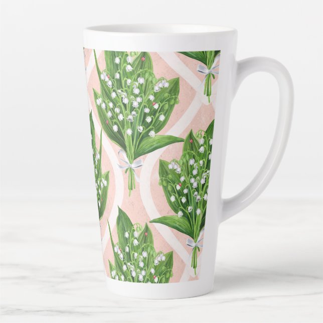 Bouquet of lilly of the valley flowers on pink latte mug (Right)