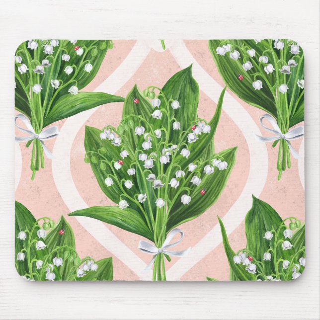 Bouquet of lilly of the valley flowers on pink mouse mat (Front)