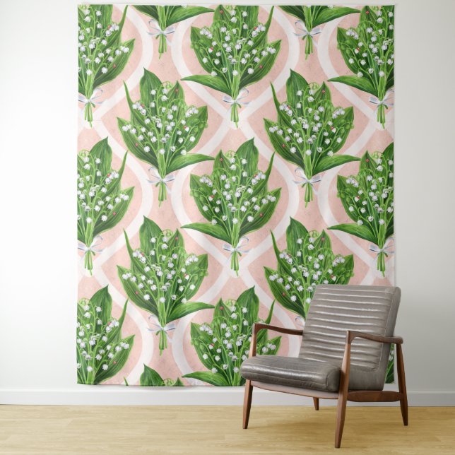 Bouquet of lilly of the valley flowers on pink tapestry (In Situ)