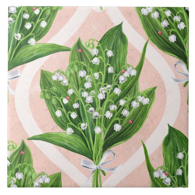 Bouquet of lilly of the valley flowers on pink tile (Front)