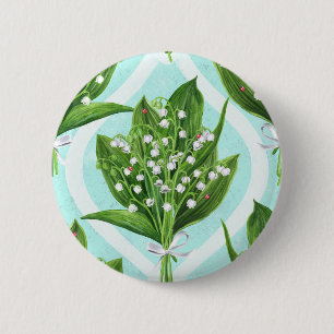 Bouquet of lily of the valley flowers on blue 6 cm round badge