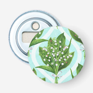 Bouquet of lily of the valley flowers on blue bottle opener
