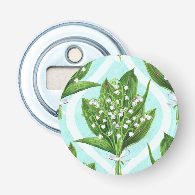 Bouquet of lily of the valley flowers on blue bottle opener (Front)