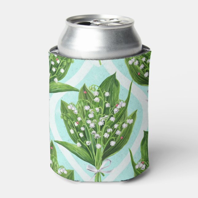 Bouquet of lily of the valley flowers on blue can cooler (Can Front)