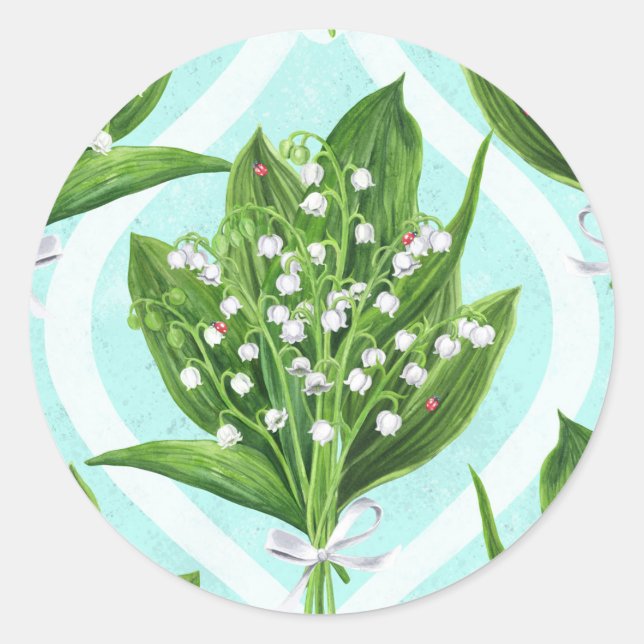 Bouquet of lily of the valley flowers on blue classic round sticker (Front)