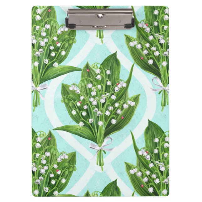Bouquet of lily of the valley flowers on blue clipboard (Front)
