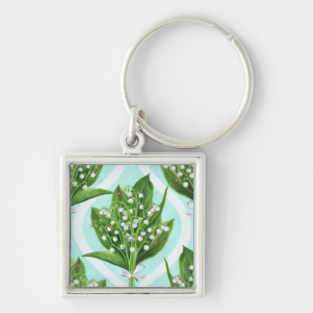 Bouquet of lily of the valley flowers on blue key ring (Front)
