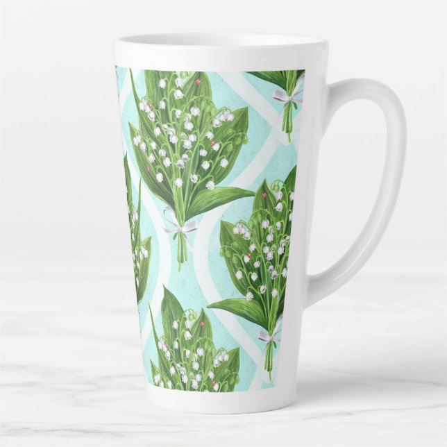 Bouquet of lily of the valley flowers on blue latte mug (Right)