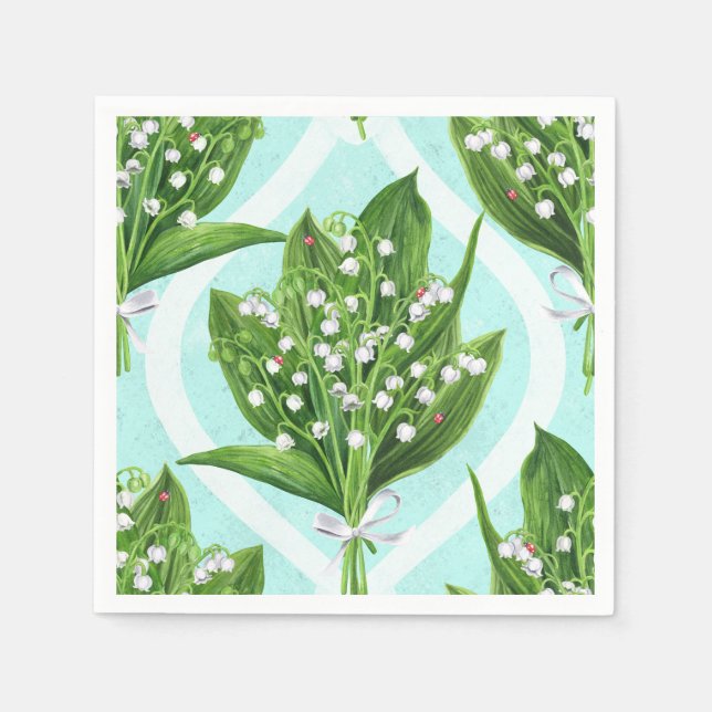 Bouquet of lily of the valley flowers on blue napkin (Front)