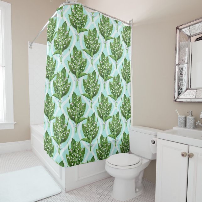Bouquet of lily of the valley flowers on blue shower curtain (In Situ)