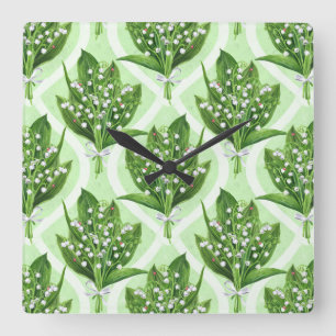 Bouquet of lily of the valley flowers on blue square wall clock