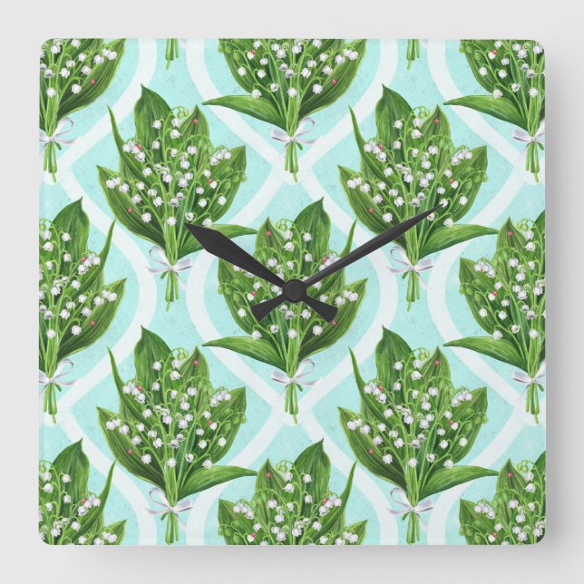 Bouquet of lily of the valley flowers on blue square wall clock (Front)