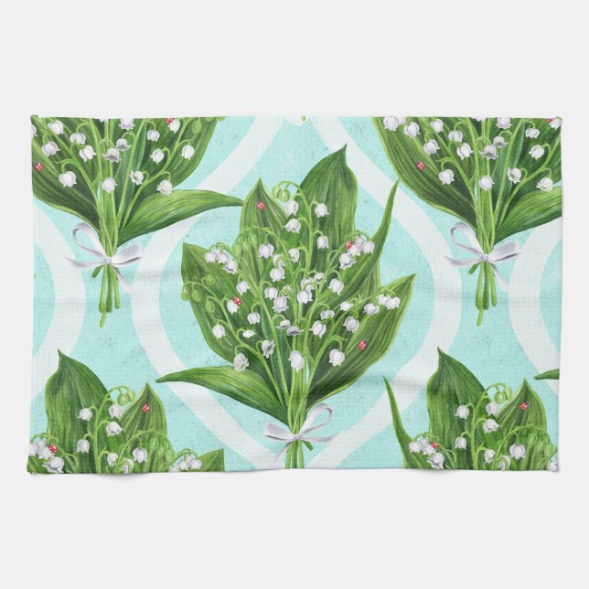 Bouquet of lily of the valley flowers on blue tea towel (Horizontal)