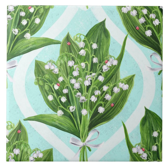 Bouquet of lily of the valley flowers on blue tile (Front)
