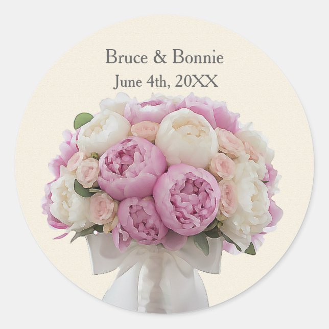 Bouquet of Peonies Custom Wedding Favor  Classic Round Sticker (Front)