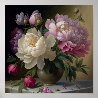 Bouquet Of Peonies In A Vase On Table Poster