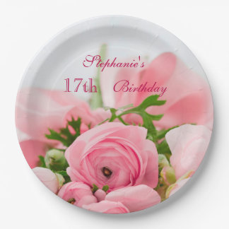 Bouquet Of Pink Roses 17th Birthday Paper Plate