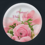 Bouquet Of Pink Roses 18th Birthday Paper Plate<br><div class="desc">Elegant personalised / personalised custom 18th birthday party celebration paper plates for women and girls. On the front of these glamourous feminine birthday party plates is a beautiful image of a bouquet of open and closed pink roses with some greenery, held together with a pink silk ribbon and bow. ....</div>