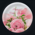 Bouquet Of Pink Roses 95th Birthday Paper Plate<br><div class="desc">Elegant personalised / personalised custom 95th birthday party celebration paper plates for women and girls. On the front of these glamourous feminine birthday party plates is a beautiful image of a bouquet of open and closed pink roses with some greenery, held together with a pink silk ribbon and bow. ....</div>