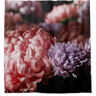 Bouquet of pink with purple aster flowers in light shower curtain