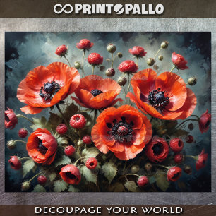 Bouquet of poppies flowers against dark background tissue paper