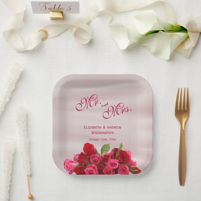 Bouquet Of Romantic Red Roses Wedding  Paper Plate (Wedding)