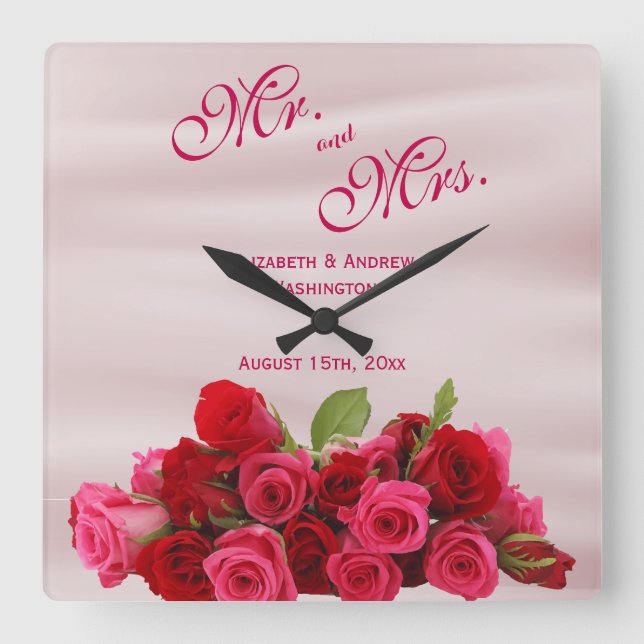 Bouquet Of Romantic Red Roses Wedding  Square Wall Clock (Front)