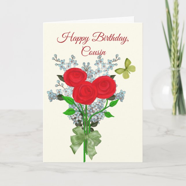 Bouquet of Roses and Lilacs Birthday for Cousin Card (Front)