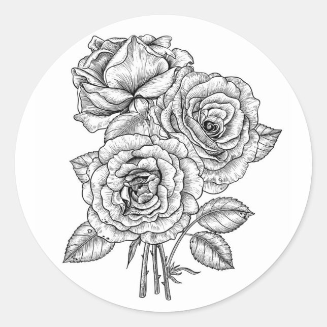 Bouquet of roses in black and white classic round sticker (Front)