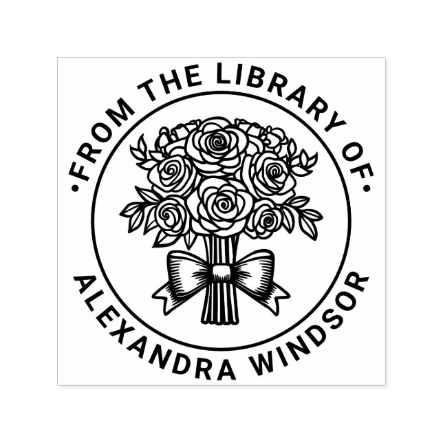 Bouquet of Roses with Bow Ribbon Library Book Name Self-inking Stamp (Design)