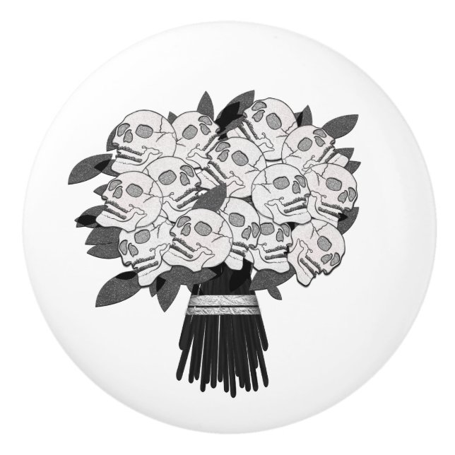 Bouquet of Skull Roses Black & White Ceramic Knob (Front)