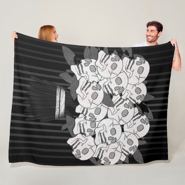 Bouquet of Skull Roses Black & White Gothic Fleece Blanket (In Situ)