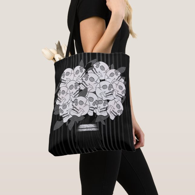 Bouquet of Skull Roses Black & White Gothic Tote Bag (Close Up)