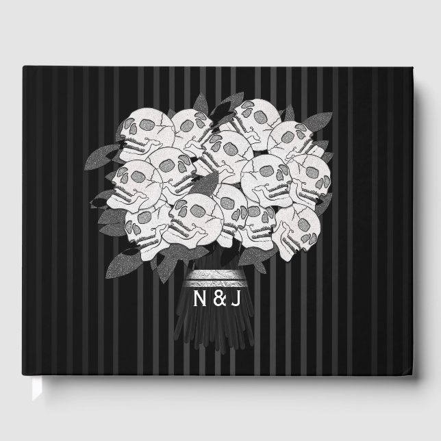 Bouquet of Skull Roses Black & White Wedding Guest Book (Front)
