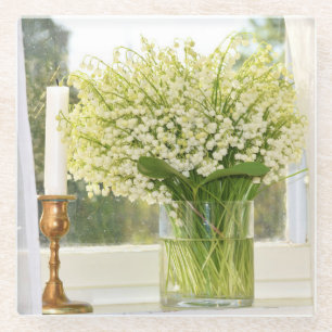 Bouquet of spring flowers, lilies of the valley glass coaster
