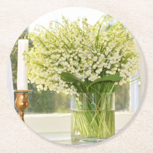 Bouquet of spring flowers lilies of the valley round paper coaster