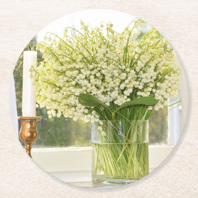 Bouquet of spring flowers lilies of the valley round paper coaster (Front)