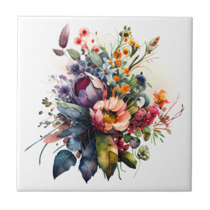 Bouquet of Summer Flowers Watercolor Ceramic Tile